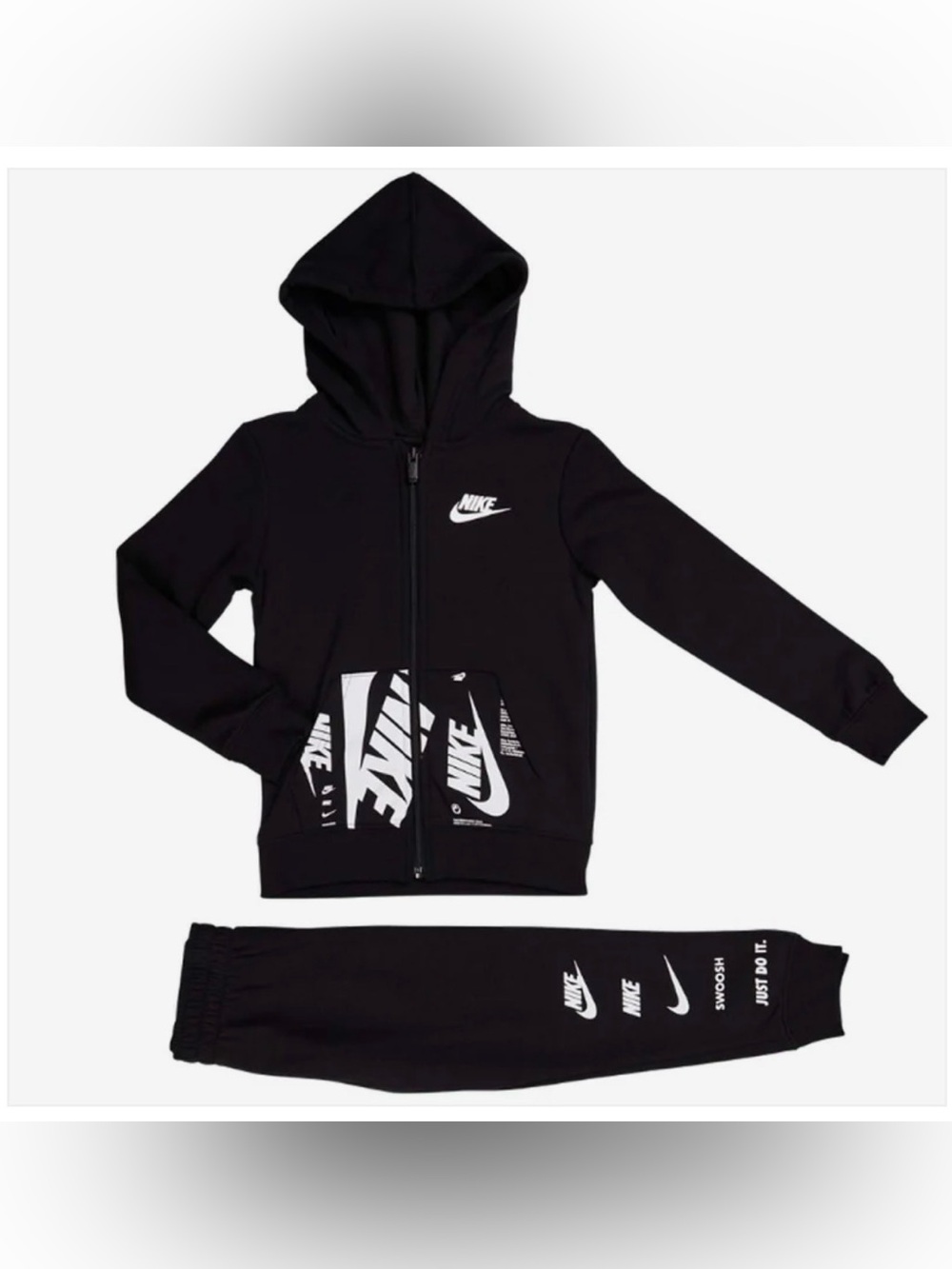 Nike Black Zip Hoodie and Joggers Set with White Logos Unisex 3T